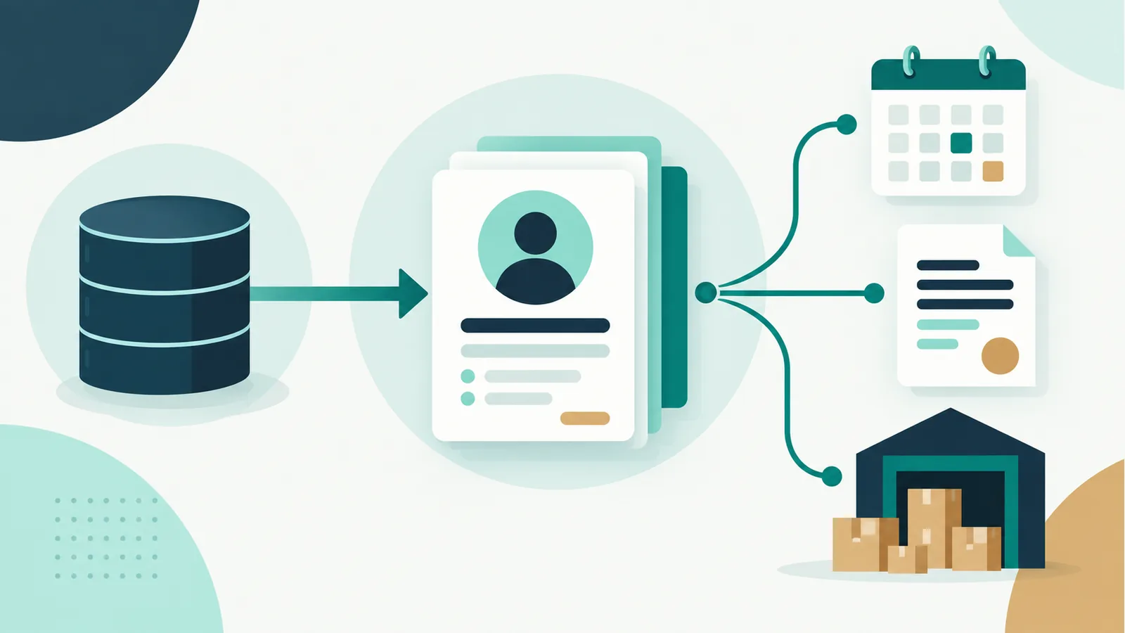 Ilustración conceptual: una base de datos alimenta la ficha de cliente, conectada con agenda, documentos y almacén.
