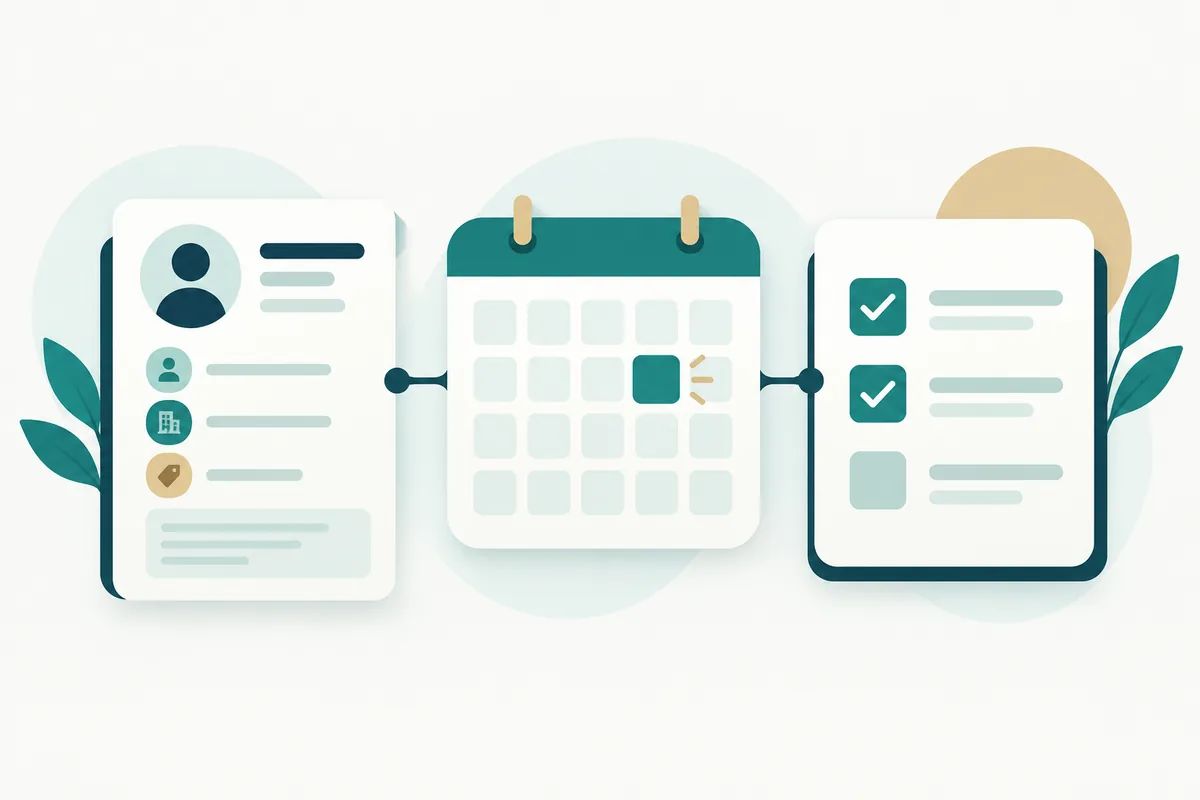 Ilustración conceptual de ficha de cliente, agenda y tareas.