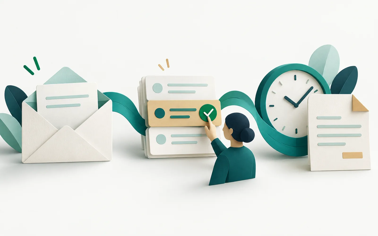 Ilustración conceptual de un correo, tareas revisadas por una persona, tiempo y un documento de facturación.
